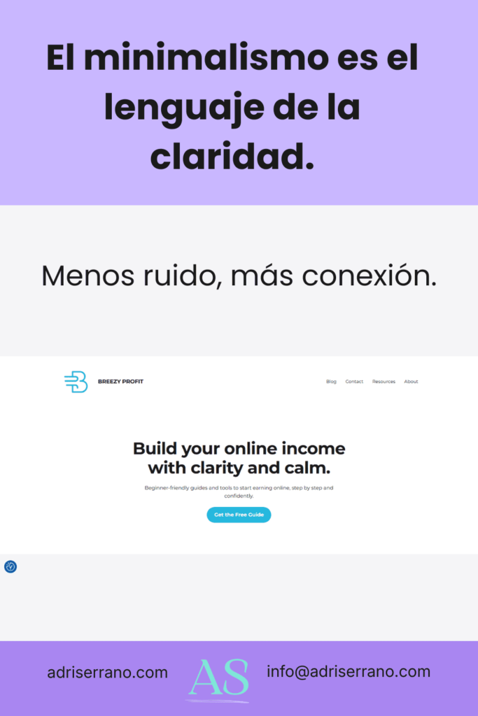 Ejemplo de diseño web minimalista y limpio del sitio Breezy Profit con el texto El minimalismo es el lenguaje de la claridad.