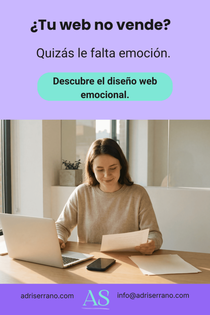 Mujer diseñadora trabajando en su laptop con el título ¿Tu web no vende Quizás le falta emoción sobre un fondo lila minimalista.