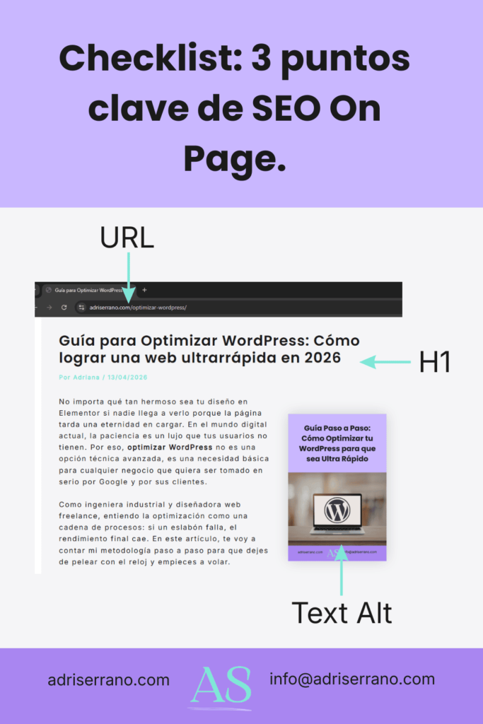 Infografía que muestra los 3 puntos clave del SEO on page: optimización de URL, jerarquía de encabezados H1 y uso de texto alternativo en imágenes.