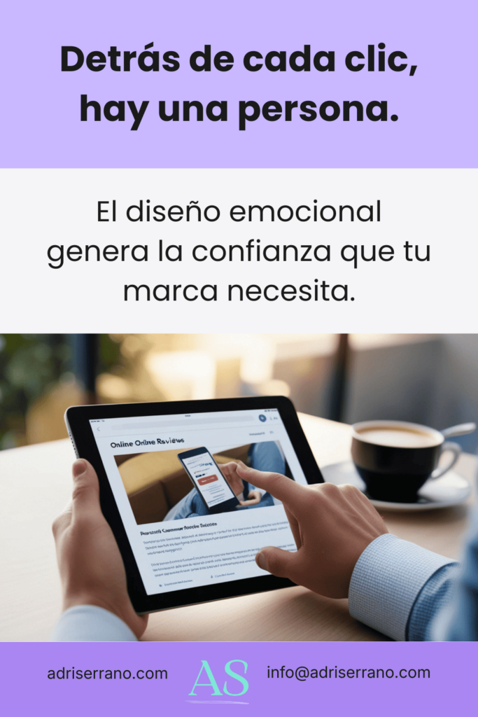 Persona utilizando una tableta para ver reseñas online, representando la confianza en el diseño web emocional.